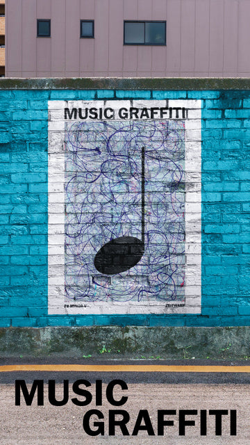 A Street Art Mural featuring a Music Graffiti Art Print on a turquoise brick wall background