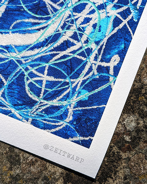 Close up detail, of a blue and silver abstract fine art giclée print