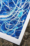 Close up detail of a blue, silver and turquoise abstract art giclée print by the artist Zetiwarp