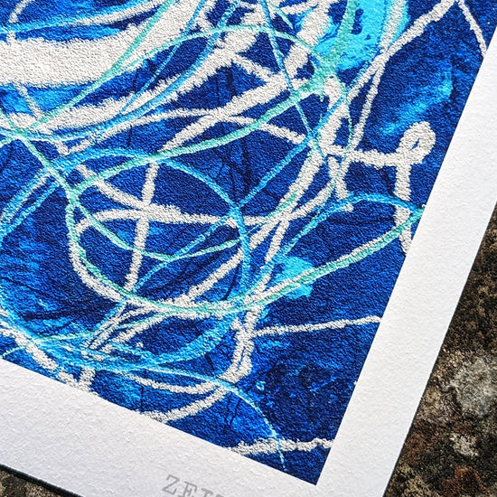 Close up detail photo of a blue and silver abstract giclée print of the music art painting 'G Major Five'​ by Zeitwarp