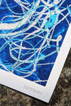 Close up detail of a blue, silver and turquoise abstract art giclée print by the artist Zetiwarp