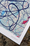 Close up detail photo of a silver and purple abstract giclée print of the music art painting 'F Sharp Minor Five'​ by Zeitwarp