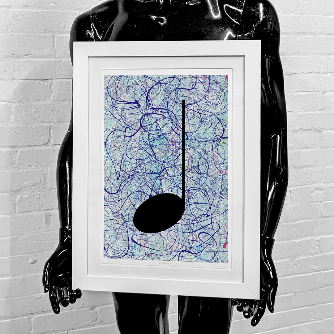 Framed silver and purple music art giclée print held by a black mannequin