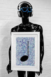 Framed silver and purple music art giclée print held by a black mannequin with blue sunglasses and headphones