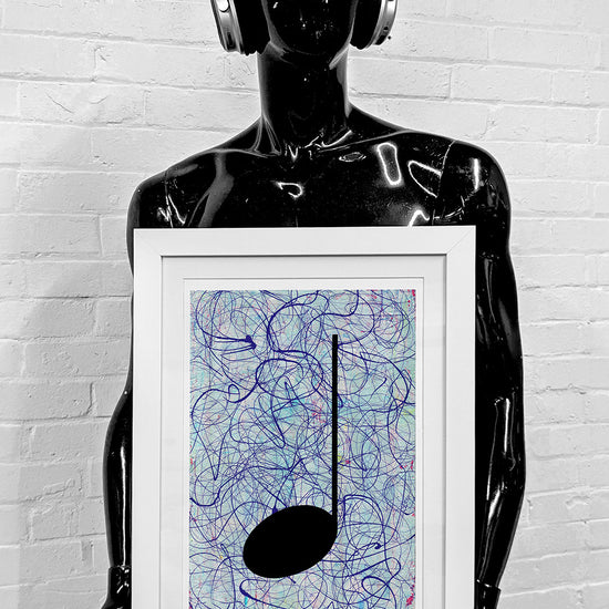 Framed silver and purple music art giclée print held by a black mannequin with blue sunglasses and vintage headphones