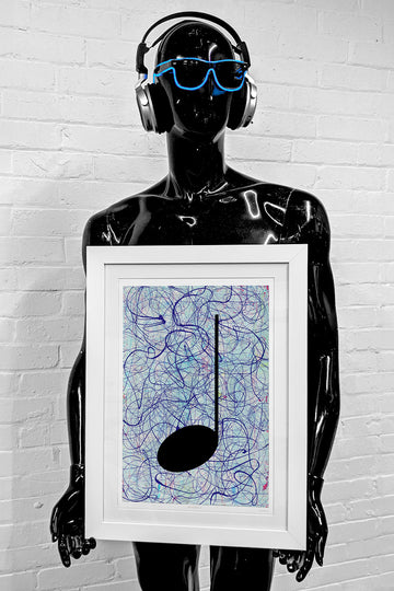 Framed silver and purple music art giclée print held by a black mannequin with blue sunglasses and vintage headphones