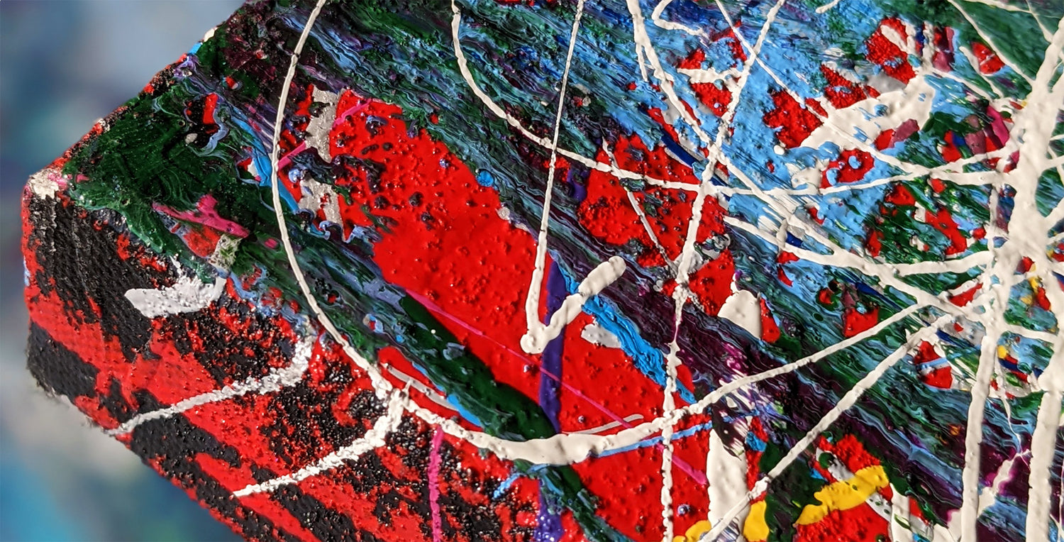 Close up detail of the red and multicoloured surface of the Music Art painting 'B Minor II' by the artist Zeitwarp
