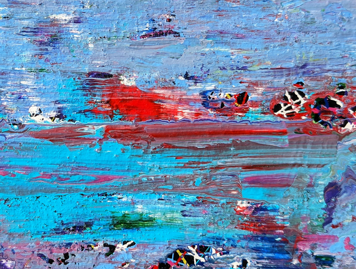 Close up of the multi colours surface detail of the music painting D Minor IV, by Zeitwarp