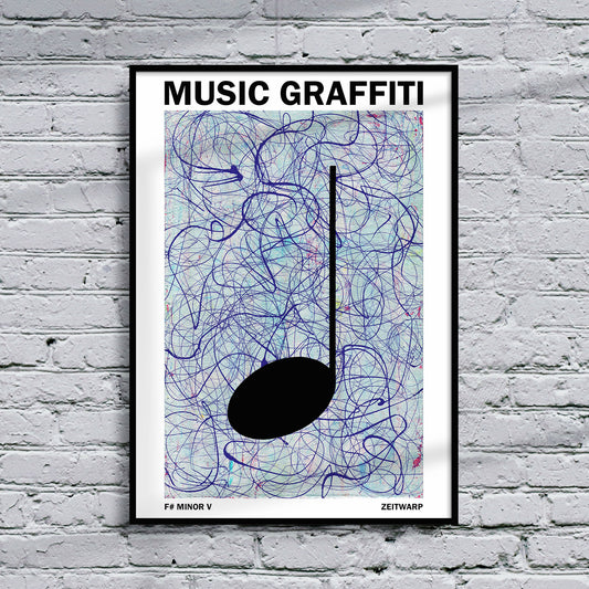 Framed Music Graffiti Art print, F Sharp Minor Five, hanging on a light grey brick wall