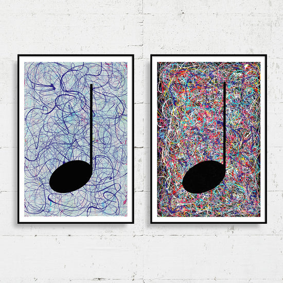 Pair of framed multicoloured Music themed Giclée Prints on a concrete art gallery wall