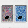 Pair of multicoloured and blue Music themed Giclée Prints hanging on a white concrete wall