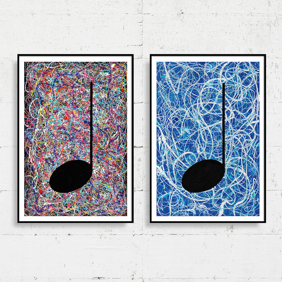 Pair of multicoloured and blue Music themed Giclée Prints hanging on a white concrete wall