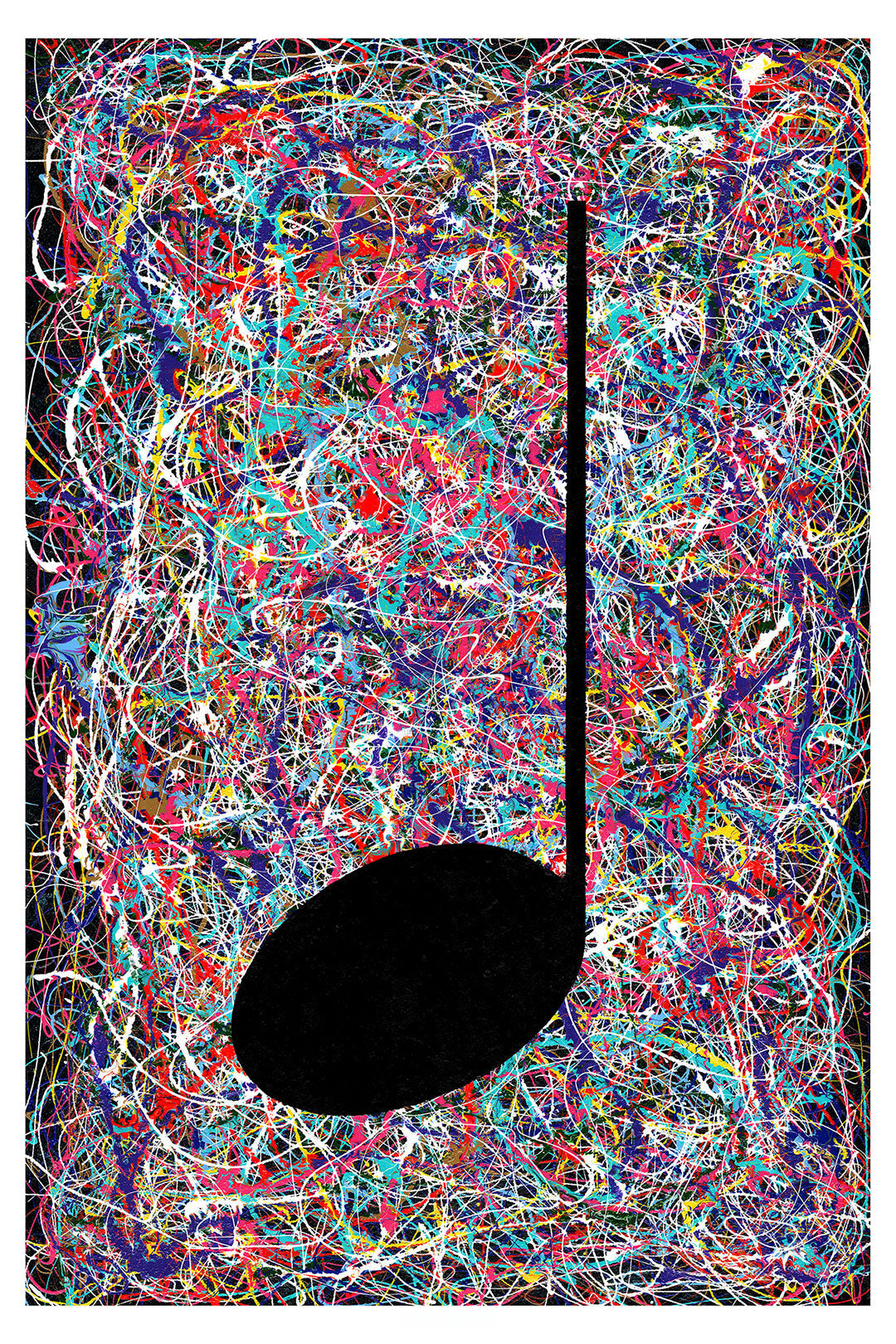 Giclee print of a multicoloured abstract expressionist style painting with a large street art music note in the middle