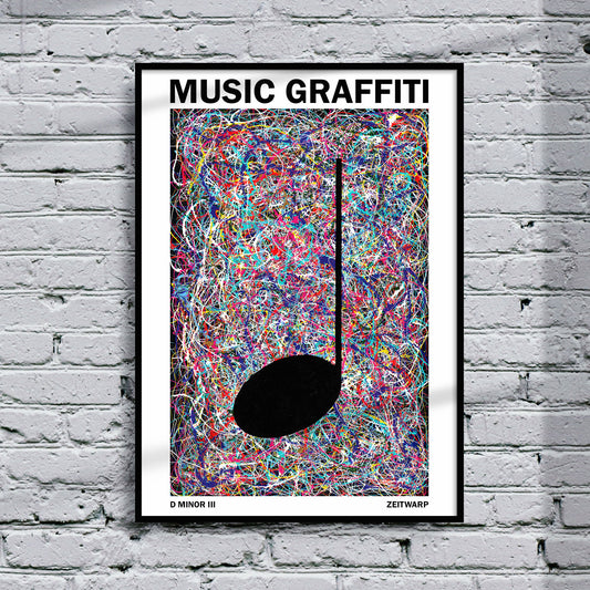 Framed Music Graffiti Art print, 'D Minor Three' hanging on a light grey brick wall