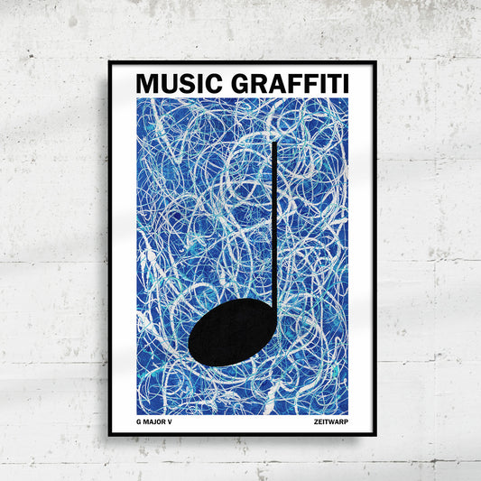 Framed Music Graffiti Art print, G Major V, hanging on a white concrete wall