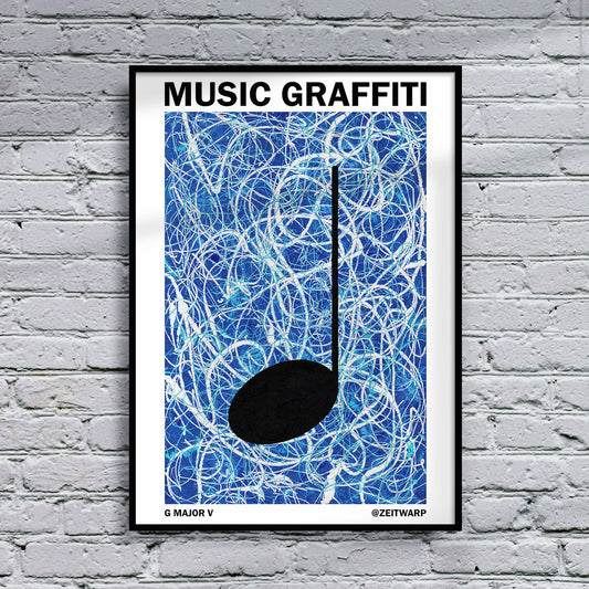 Framed Music Graffiti Art print, G Major V, hanging on a light grey brick wall