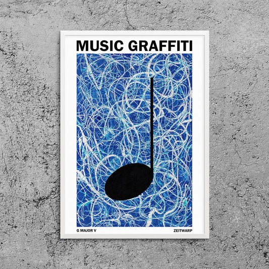 Framed Music Graffiti Art print, G Major V, hanging on a concrete wall, by the artist Zeitwarp 