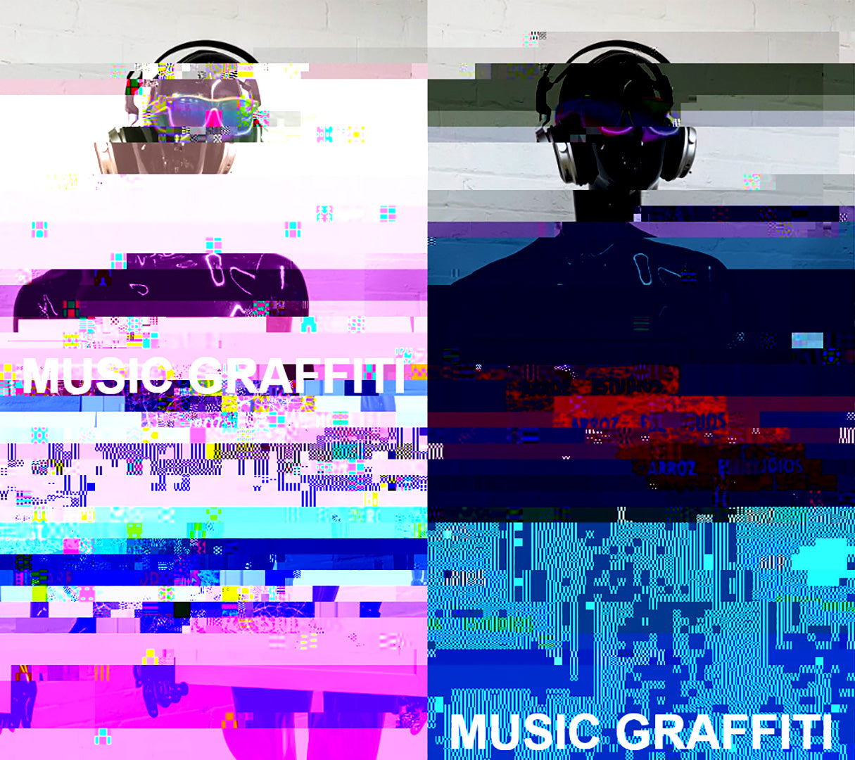 Two heavily glitched images of a mannequin robot wearing sunglasses and vintage headphones