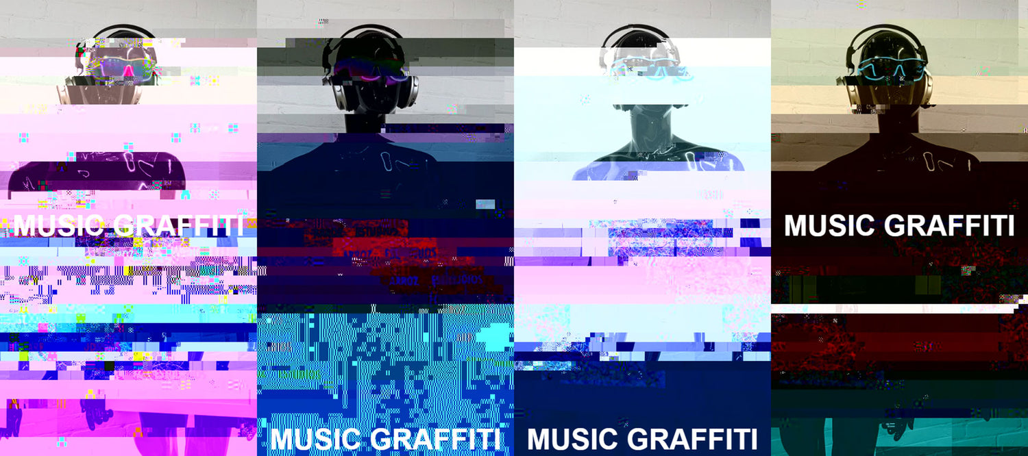 Four heavily glitched images of a mannequin robot wearing sunglasses and vintage headphones