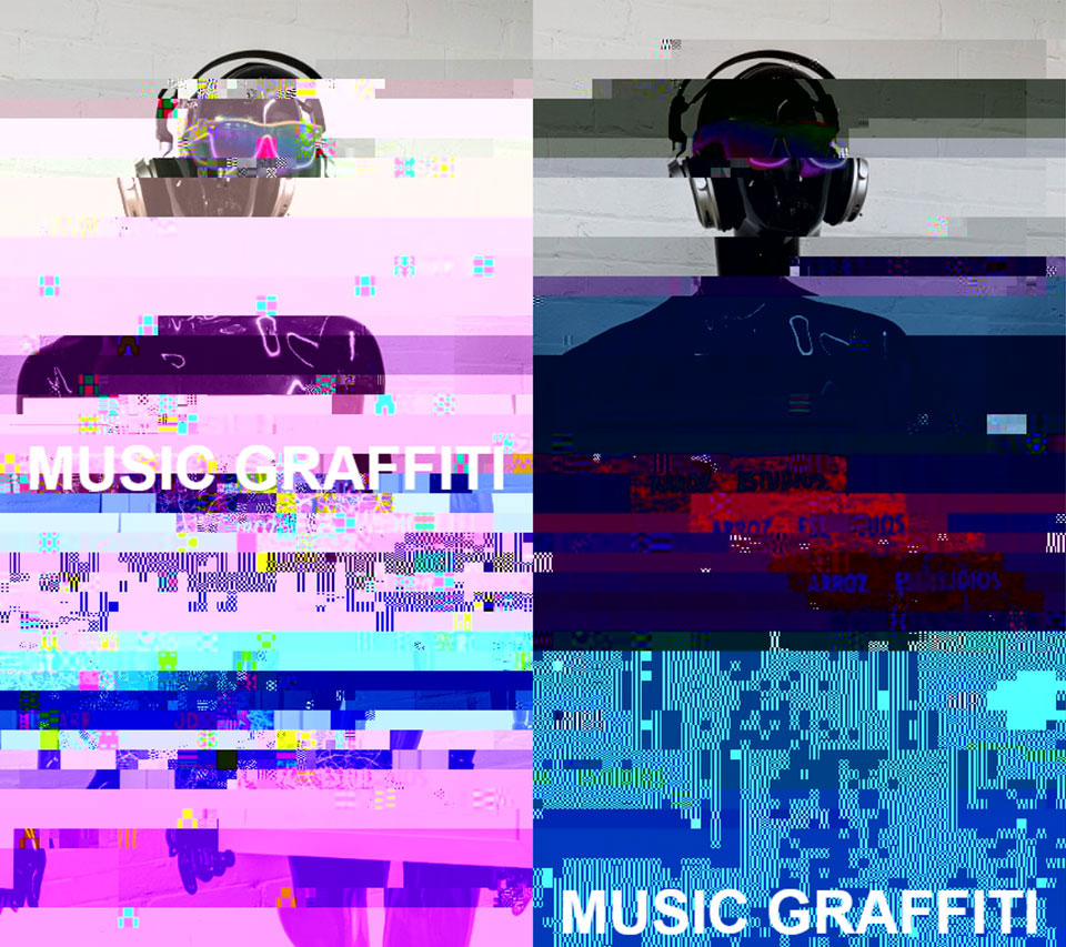 Two heavily glitched images of a mannequin robot wearing sunglasses and vintage headphones