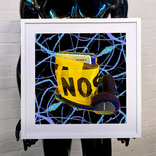 A black mannequin holding a framed art print of a distorted Sony Walkman 