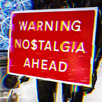 Video still frame showing a custom red traffic warning sign with "Warning Nostalgia ahead" held by a mannequin