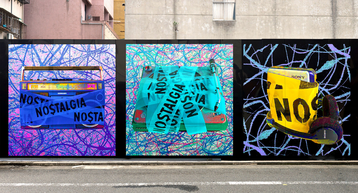 Street art metal mural featuring three artworks
