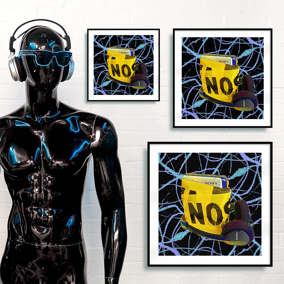 black mannequin standing in front of three framed art prints in a gallery