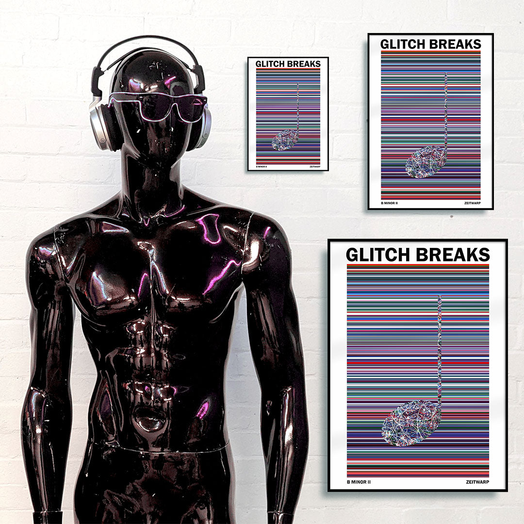 Black DJ mannequin with sunglasses and headphones standing in front of three framed red music art prints on a white wall