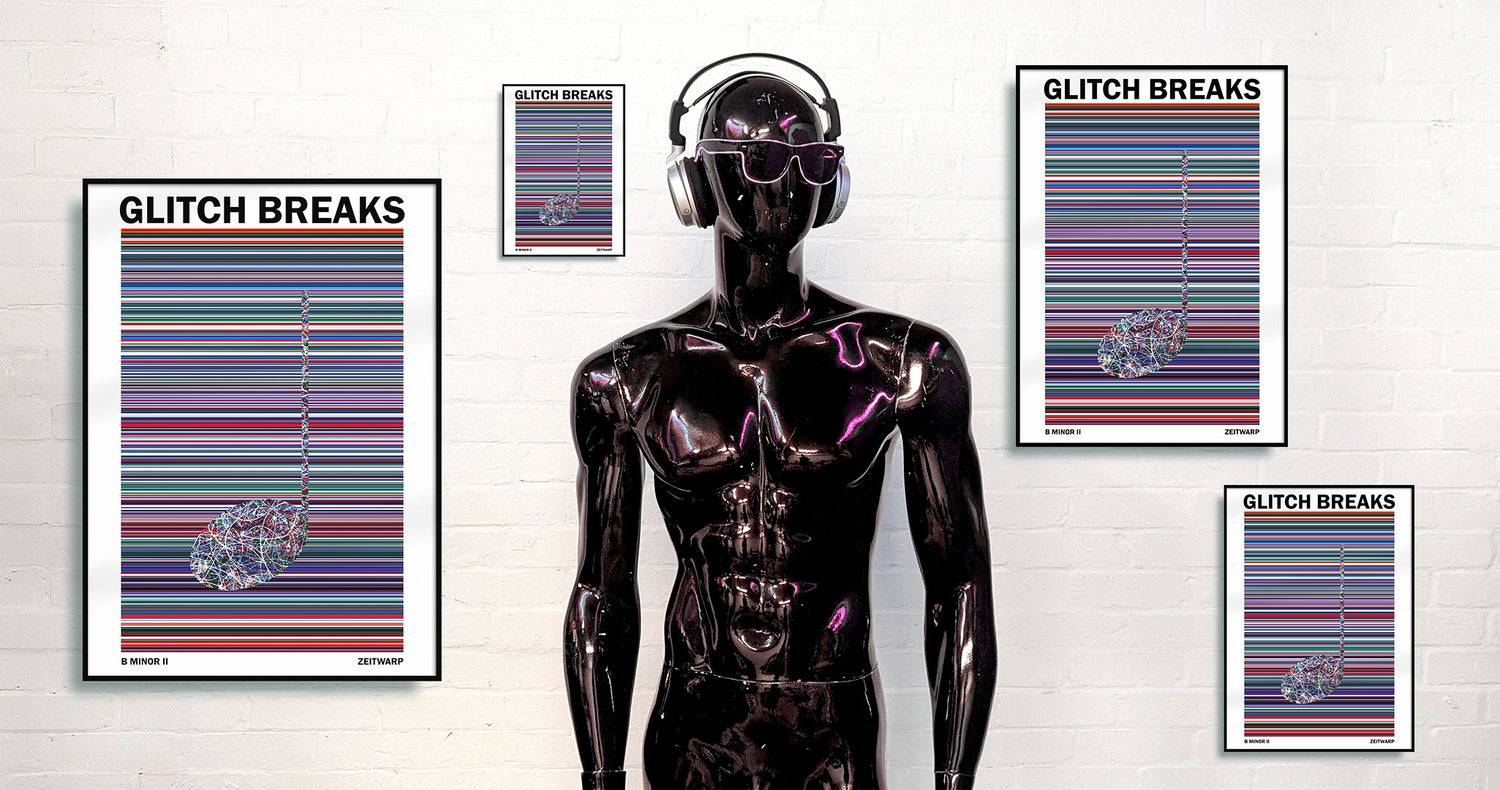 Black DJ mannequin with sunglasses and headphones standing in front of four framed red music art prints on a white wall