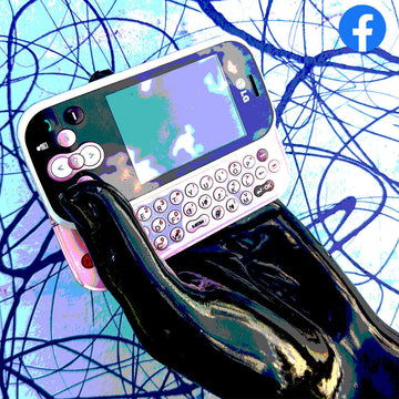 Black gloss hand holding a vintage LG mobile in front of an abstract background with the facebook logo in the top corner