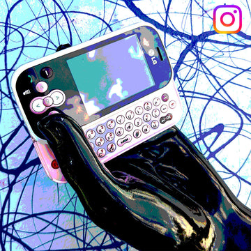 Black gloss hand holding a vintage LG mobile in front of an abstract background with the instagram logo in the top corner