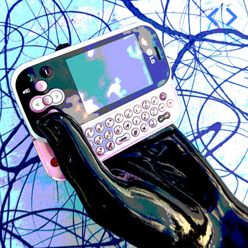 Black gloss hand holding a vintage LG mobile in front of an abstract background with the Near Social logo in the top corner