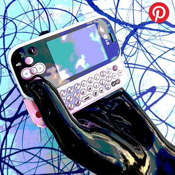 Black gloss hand holding a vintage LG mobile in front of an abstract background with the pinterest logo in the top corner