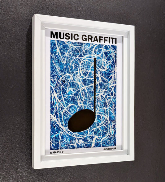 Framed Blue Music Graffiti Art print, G Major V, A4 Size on a grey wall, by the artist Zeitwarp 