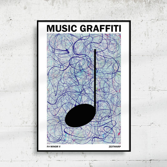 Framed A4 art print of the MUSIC GRAFFITI painting F# Minor V, hanging on a white wall